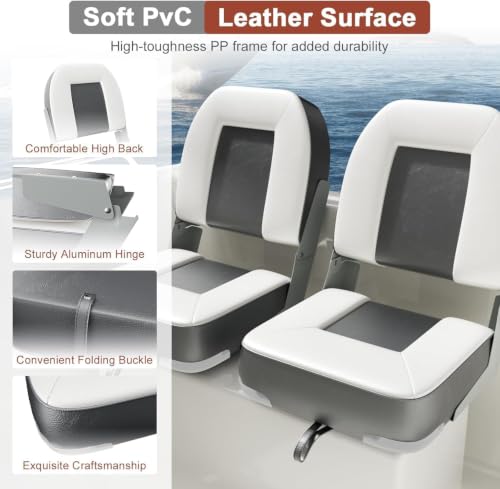 2 Pack 20" High Back Boat Seat with Thickened Sponge Padding and Hinge Grey (Grey)
