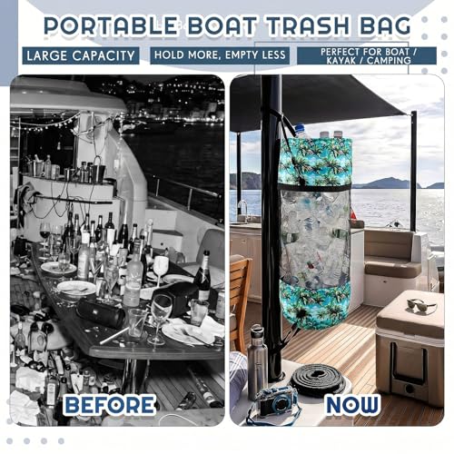 Portable Boat Trash Bag Boat Accessories Container Outdoor Medium Hoop Mesh Trash Bag Reusable Garbage Container Cabin Storage for Men Women Kayak Camper Fishing (Green / Hawaiian)