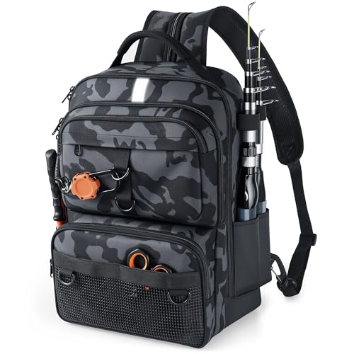 Fishing Backpack with Tackle Boxes and Rod Holder (Camo Backpack)