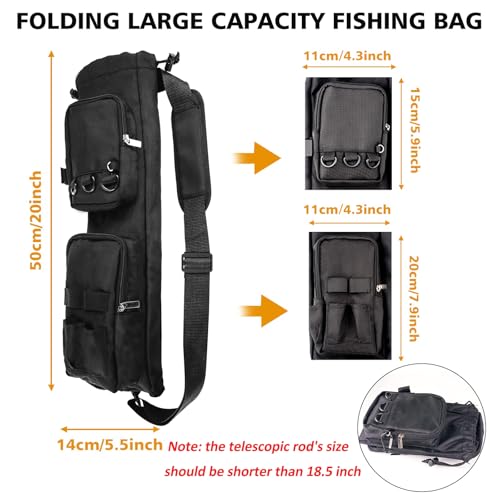 20 inch Drawstring Crossbody Fishing Bag with Front Pocket Rod Holder Belt (Black)