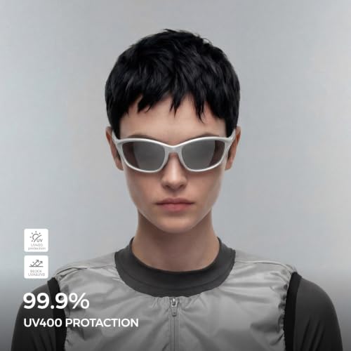 Cat Eye Polarized Wrap Around Sports Sunglasses for Men Women UV400 Protection Running Cycling Mountain Bike Baseball Sun Glasses (Matte Silver 1010)