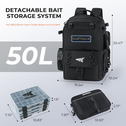 BaitSpace 50L Fishing Backpack with 4 Tackle Boxes (A: Black / With (4) 3600 tackle boxes)
