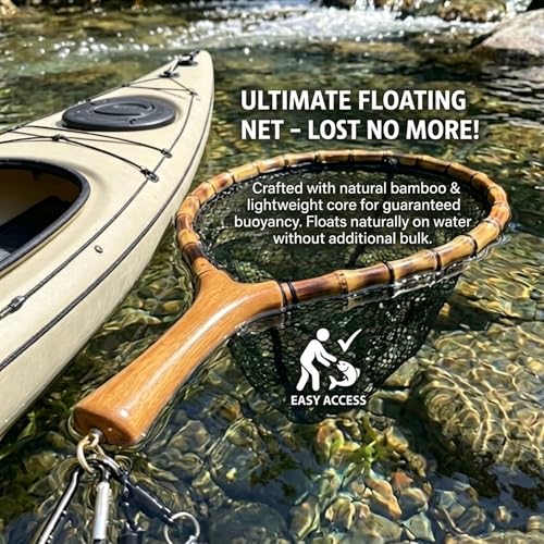 Floating Handcrafted Bamboo Fly Fishing Landing Net (Middle / Straight Handlebar / Glued mesh)