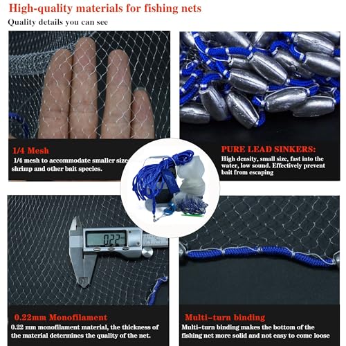1 4 Saltwater Fishing Cast Net for Bait Shirmp Trap Fish Throw Net with Heavy Lead Sinkers. Size 3FT to 10FT Radius Freshwater（1 (6FT (180cm) Radius / 1/4 Mesh Lead Sinkers-mono)