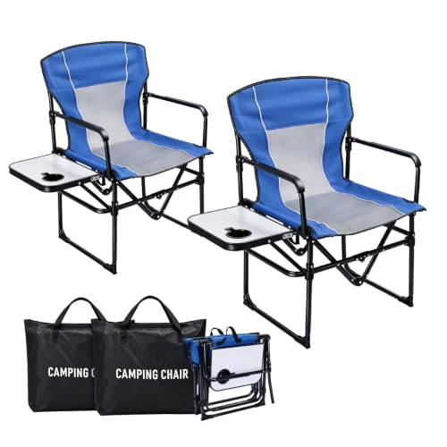 2 Pack Camping Chairs with Side Table & Cup Holder 400 lbs (Blue)