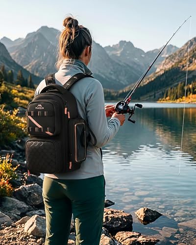 Womens Fishing Sling Bag with Phone Pouch (Black-pink / 14.1 X 8.7 X 5.7 inches)