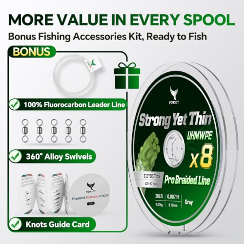 8 Strand Braided Fishing Line 20lb & Fluorocarbon Leader (Gray / 20LB 330YDS)