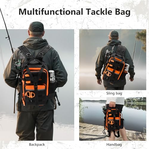 Convertible Fishing Backpack Sling Bag with Rod Holder (Black/Blaze Orange / Standard)