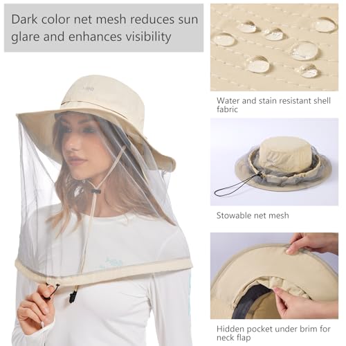 UPF 50+ Mosquito Net Hat with Stowable Neck Flap for Men Women Outdoor Fishing Hiking Camping Gardening FH17 Beige (Medium / Beige)
