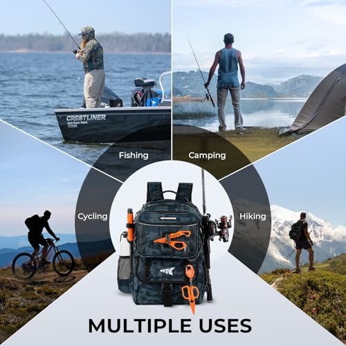 BaitSpace 50L Fishing Backpack with 4 Tackle Boxes (C: Blue Camo / With (4) 3600 tackle boxes)