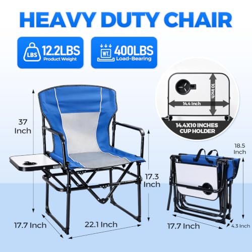 2 Pack Camping Chairs with Side Table & Cup Holder 400 lbs (Blue)