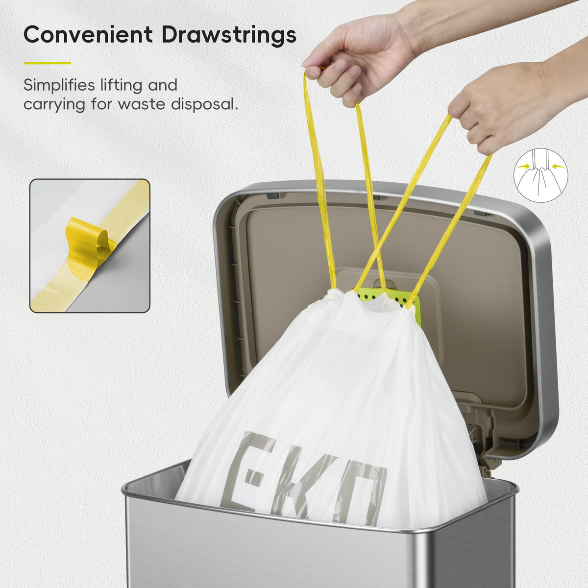 21 Gallon / 50-90 Liter, 60 Count Drawstring Trash Bags, Extra-Strong Garbage Bags, Lemon Zest Scent with Continuous Odor Control, Easy-Dispense Roll for Kitchen and Household Use, Code G, White (60 Count (Pack of 1) / 21 Gallon Bags/Code G (Lemon))