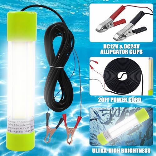 Underwater Fishing Light 20W 16000 Lumens 12V Super Bright LED Submersible Fish Bait Finder Lamp Deep Drop Night Fishing Attracting Light for Snook Crappie Squid Shrimp Prawns Boat Dock (White)