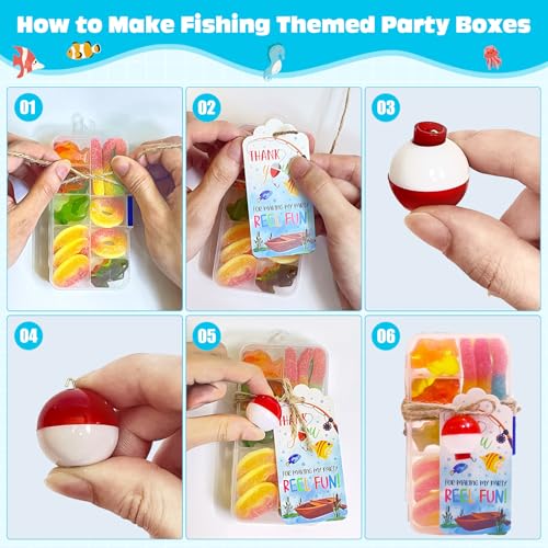 24 Set Fishing Candy Little Tackle Boxes for Birthday Party Favors with 24 Fishing Bobber 24 Thank You Cards for Making My Party Reel Fun Gone Fishing Theme Supplies Fishing Decorations