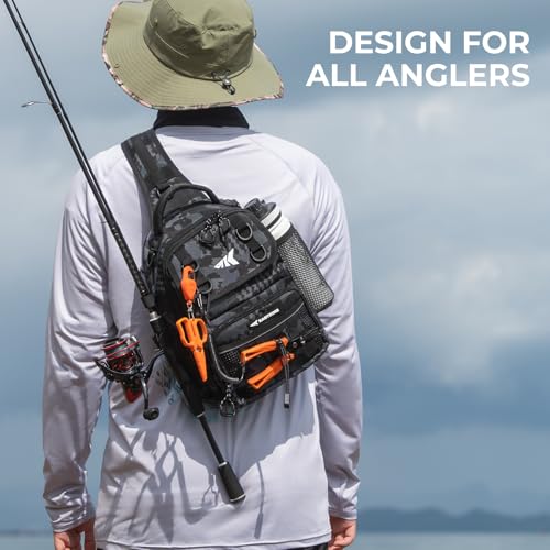 BaitSpace Fishing Sling Bag with Rod Holder (Black Camo / Standard)