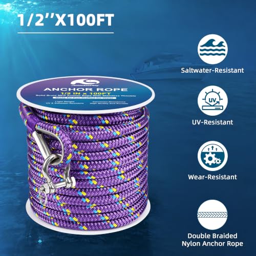 Boat Anchor Chain and Rope Kit (1/2 Inch 100 FT Rope with 1/4Inch 6FT Chain)