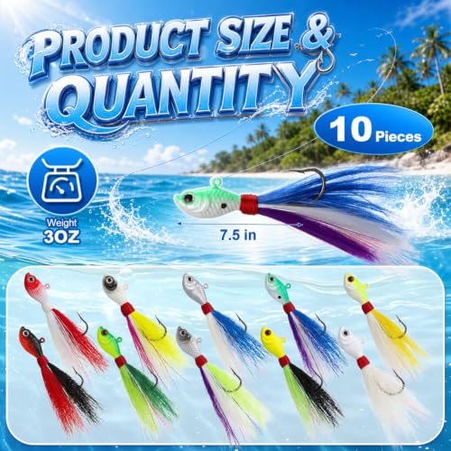 10 Pcs Bucktail Jigs Saltwater Hair Jig Fishing Lures (3 oz)