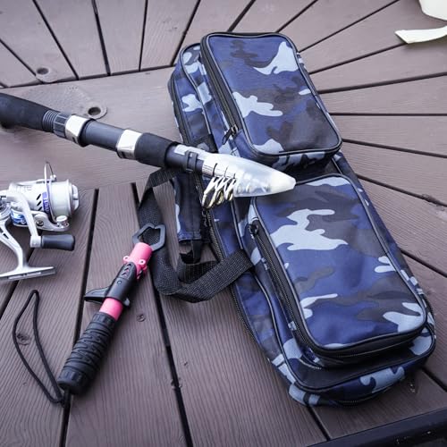 Fishing Tackle Carrier Bag with 2 Front Storage Pockets for Telescopic Rod (Blue Camo)