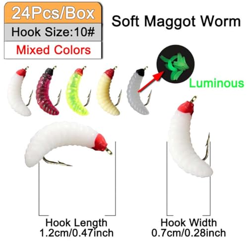24Pcs Fly Fishing Flies Trout Lures Fishing Tackle Fly Fishing Flies with Boxed Trout Bass Artificial Fish Bait (24Pcs-Soft Maggot Worm)