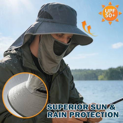 Waterproof Wide Brim Sun Hat with Neck Flap for Hiking (B Blue)