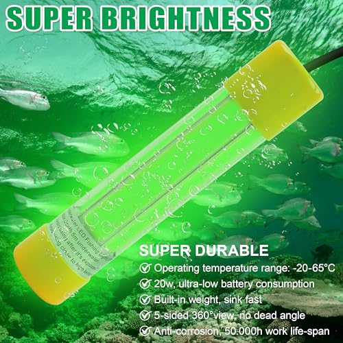 Underwater Fishing Light 20W 16000 Lumens 12V Super Bright LED Submersible Fish Bait Finder Lamp Deep Drop Night Fishing Attracting Light for Snook Crappie Squid Shrimp Prawns Boat Dock (Green)