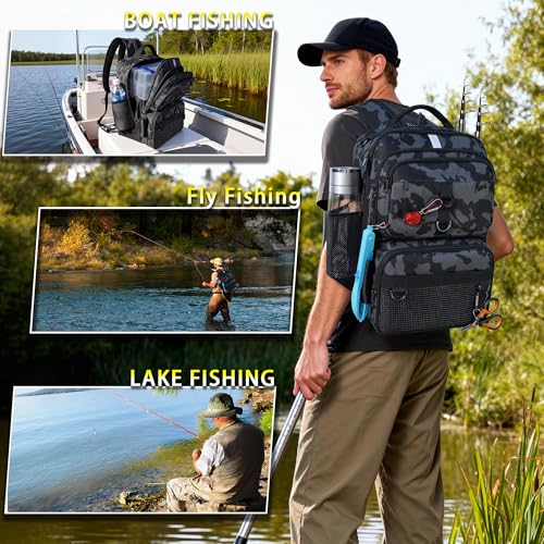 Fishing Backpack with Tackle Boxes and Rod Holder (Camo Backpack)