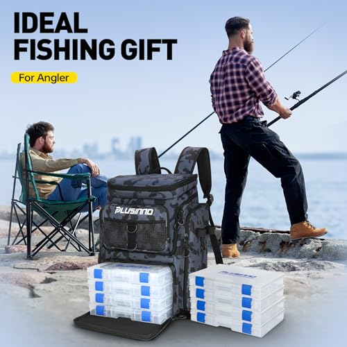 Fishing Tackle Backpack with Rod Holders (Black Camo（4 Tackle Boxes Included）)