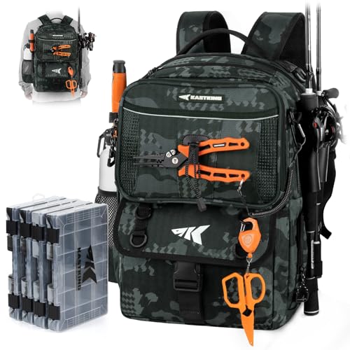 BaitSpace 50L Fishing Backpack with 4 Tackle Boxes (B: Black Camo / With (4) 3600 tackle boxes)