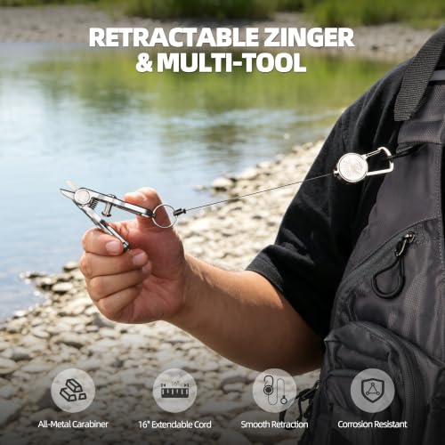 3-in-1 Fly Fishing Nippers and Knot Tying Tool Combo, Multi-Functional Fishing Pliers with Retractable Zinger Reel, Serrated Line Cutter & Hook Eye Cleaner for Braid, Mono, Fluoro