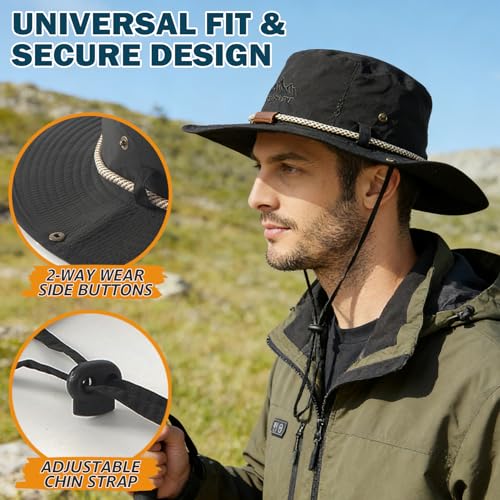 Waterproof Wide Brim Bucket Sun Hat Boonie Hat for Men & Women D Black (D Black)