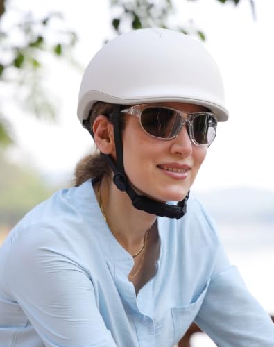 Adjustable Adult Bike Helmet and Sunglasses Set for Women and Men (Matte Milky White / Large)