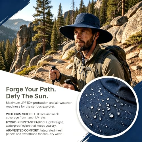 Fishing Sun Hat for Men UPF 50+ Wide Brim Boonie Hats for Summer (Navy Blue)