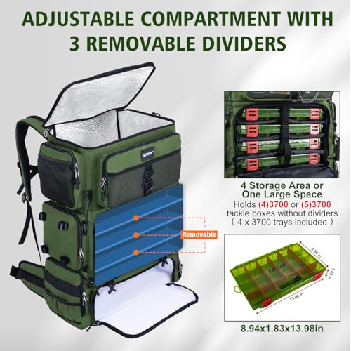 72L Fishing Tackle Backpack with Cooler & 4 3700 Tackle Boxes (A2:Green with 4 3700 Tackle Boxes)