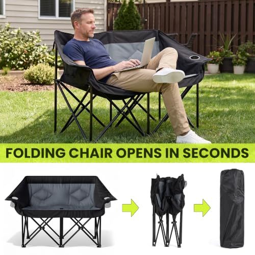 Oversized Double Camping Chairs 2 Person Folding Loveseat (Grey)