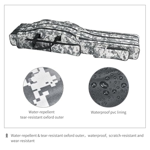 Portable 3 Layers Fishing Pole Bag Durable Oxford Folding Fishing Rod Reel Carry Case Tackle Storage Bag Case Waterproof Camouflage Travel Fishing Carrier (Grey Camouflage / 59in)