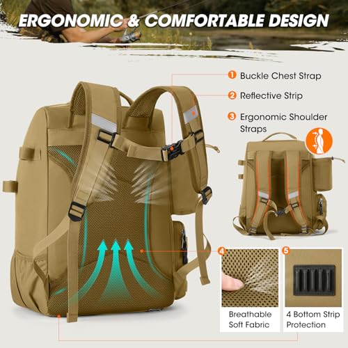 Fishing Backpack 40L Tackle Backpack with Rod Holders & Cooler (Khaki)