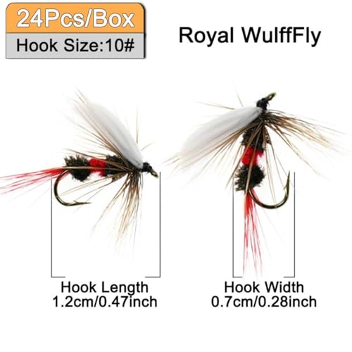 24Pcs Fly Fishing Flies Trout Lures Fishing Tackle Fly Fishing Flies with Boxed Trout Bass Artificial Fish Bait (24Pcs-Royal WulffFly)