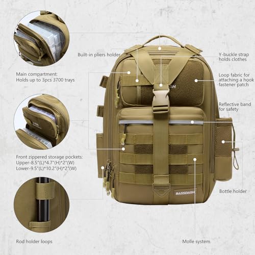 Convertible Fishing Backpack Sling Bag with Rod Holder (Brown Khaki / Large)