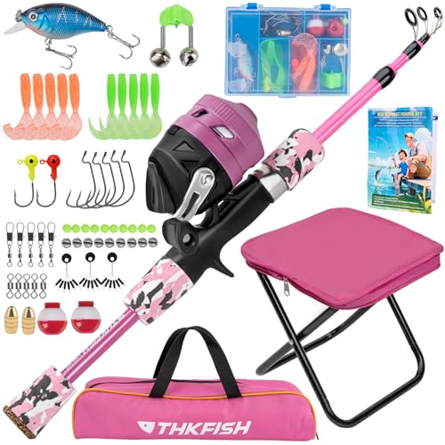 Kids Fishing Pole Set (Pink Pole Set with Folding Stool / 1.2M 3.9FT)
