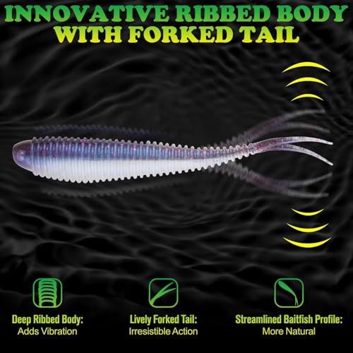 Soft Plastic Baits Forked Tail Fishing Soft Bait for Bass Walleye Trout Crappie Lures Purple Pearl (Purple Pearl / 3.5in-30pcs)
