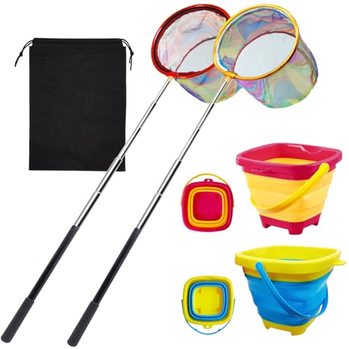 2PCS Fishing Net with Bucket (Red + Yellow)