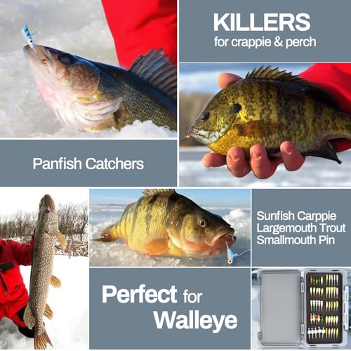 Ice Fishing Jigs Kit 100pcs Lures Bait Icefishing Set Crappie Jig Hooks Gear Accessories for Walleye Panfish with Tackle Box Gifts for Men (100pcs ice fishing jigs with two lure boxes)