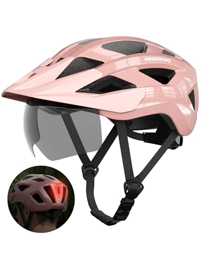 Adult Bike Helmet Rear Light & OTG Magnetic Goggles for Men Women (Pink / Large)