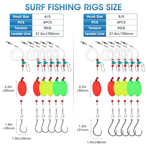6PCS Pre Tied Fish Finder Rig for Surf Fishing Saltwater Fish Finder Rigs for Shark Bluefish Stripers Bass Surf Fishing Tackle & Gear with 90LB Leader Line (HOOK SIZE: 8/0-6PCS)
