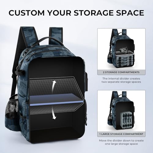 BaitSpace 50L Fishing Backpack with 2 Rod Holders (G: Blue Camo / Without tackle box)