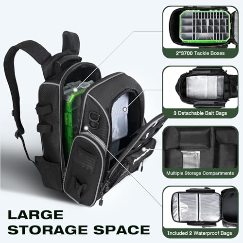 Fishing Backpack 2 * 3700 Tackle Boxes 40L Waterproof Tackle Backpack with Rod Holders Large Outdoor Storage Tackle Bag for Fishing Men Women (With 3700*2 Black (40l))