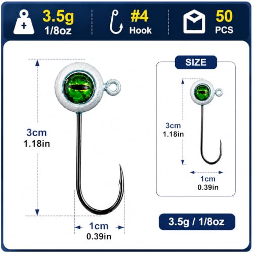 Jig Heads Fishing Hooks Kit with 3D Eyes for Bass Trout Panfish Lure Bait (50pcs-1/8oz)