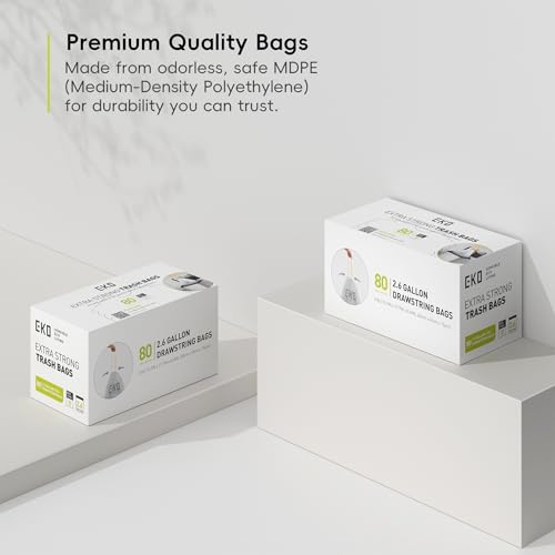 2.6 Gallon / 7-10 Liter, 80 Count Small Drawstring Trash Bags, Extra-Strong Unscented Garbage Bags, Easy-Dispense Roll for Kitchen & Household Use, Resists Tears, Leaks and Punctures, Code B White (80 Count (Pack of 1) / 2.6 Gallon Bags/Code B)