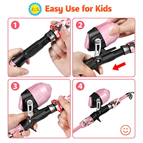 Kids Fishing Pole with Spincast Reel Telescopic Fishing Rod Combo Full Kits for Boys (Pink / 5FT / 1.5M)