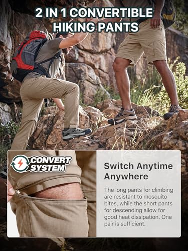 Mens Hiking Convertible Pants Zip Off Cargo Fishing Pants (Dark Khaki / 32)